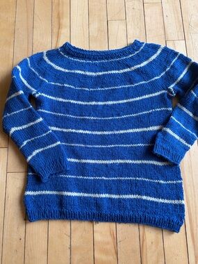 Hand-Knit Blue Striped Sweater (5-6 year old)
